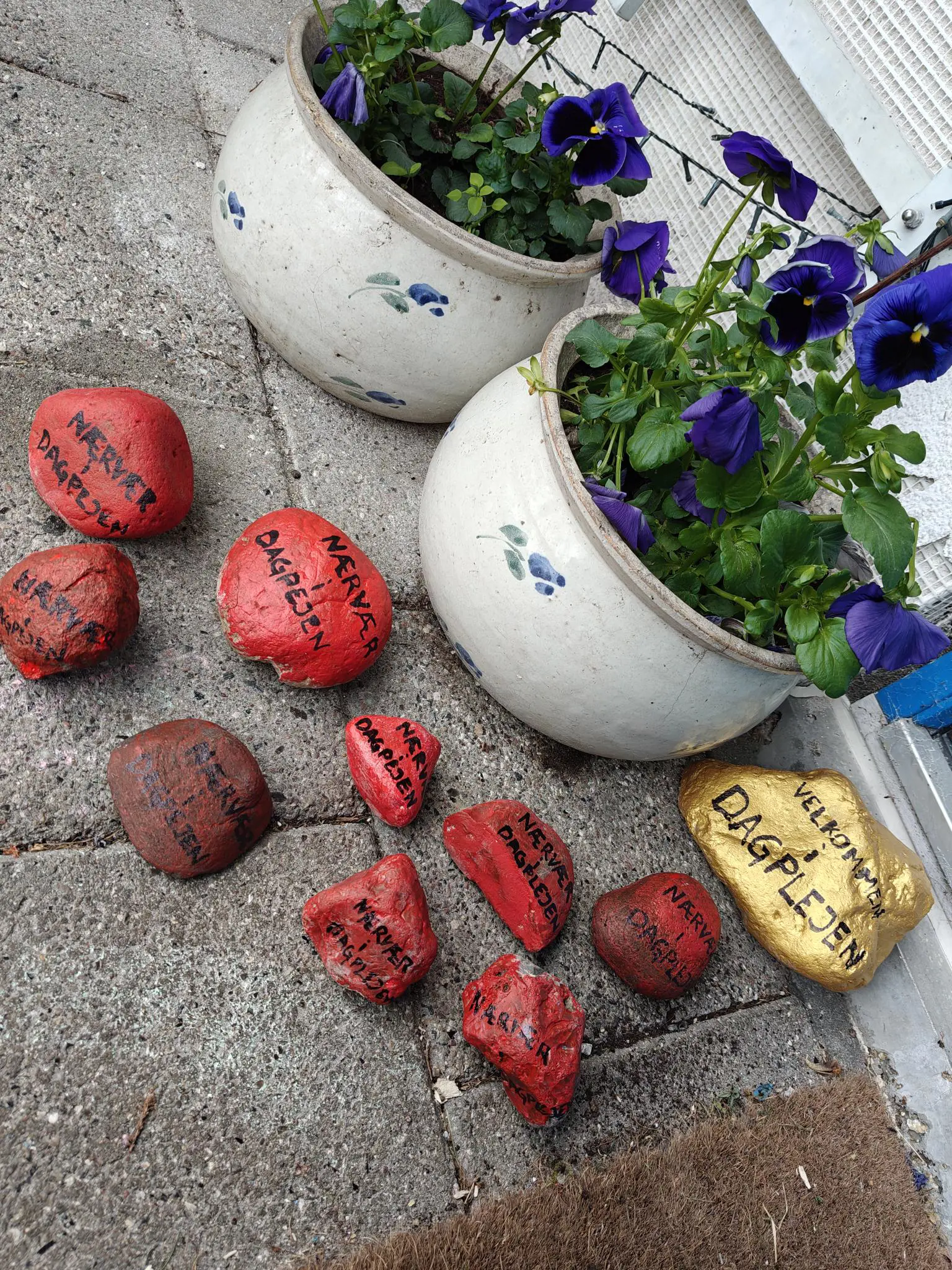 Malede sten ligger ved blomsterkrukker.