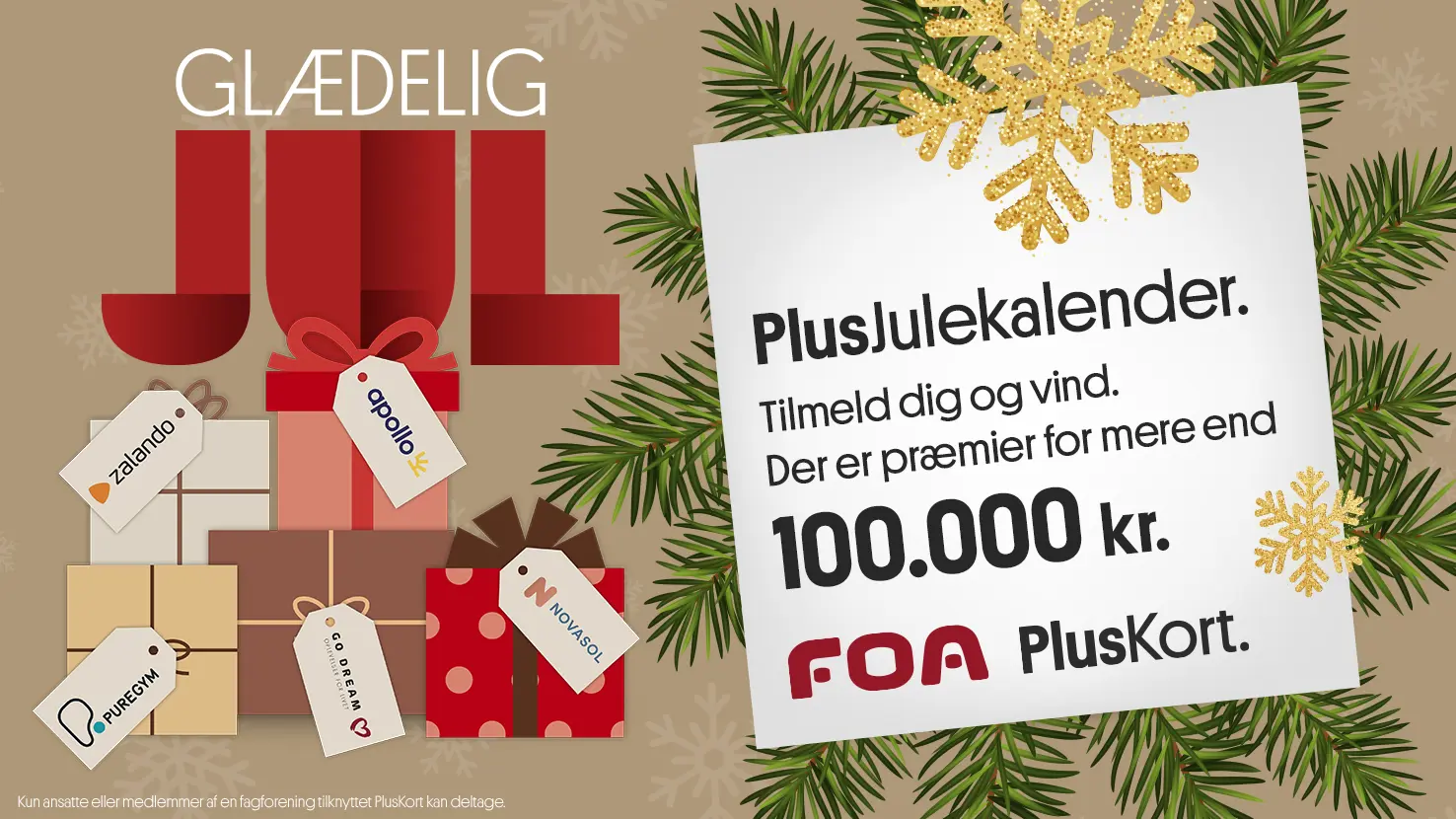 Grafik af julegaver og et skilt, hvor der står, at man kan vinde præmier for mere end 100.000 kroner. 